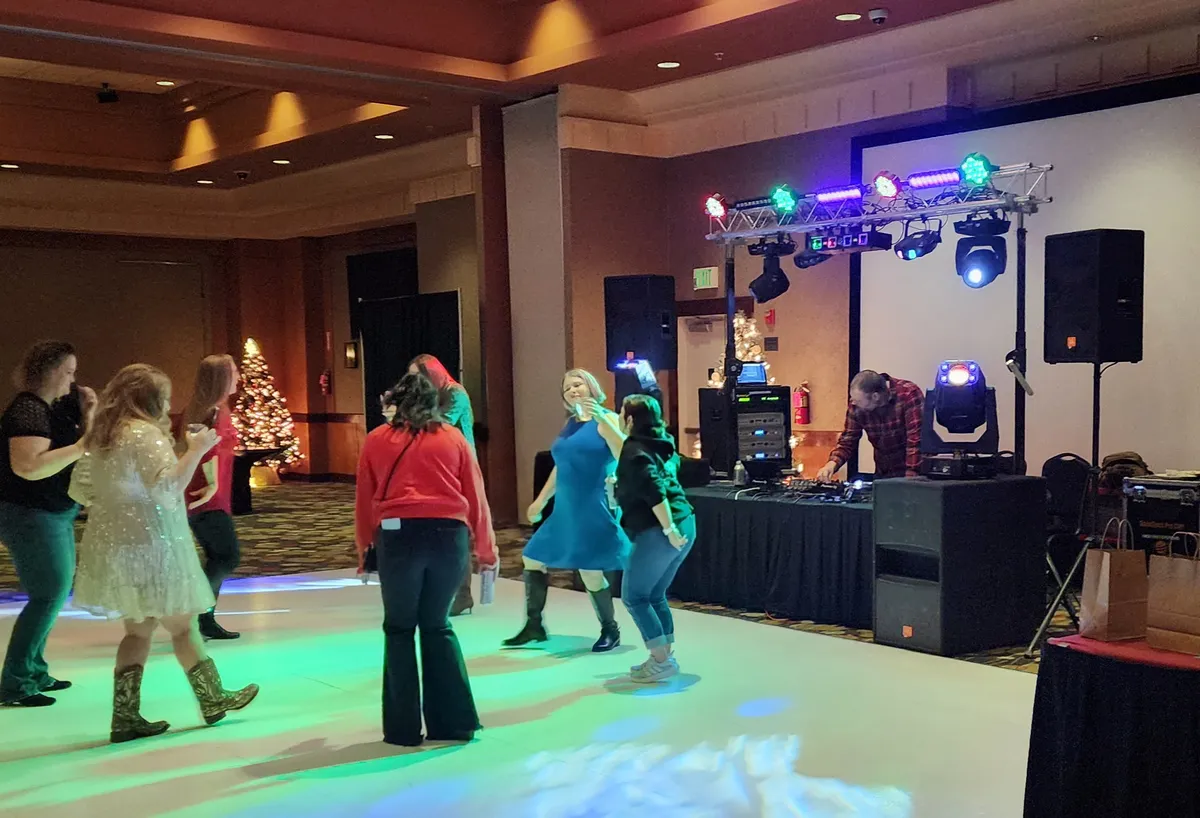 Holiday party dance floor with lighting rig